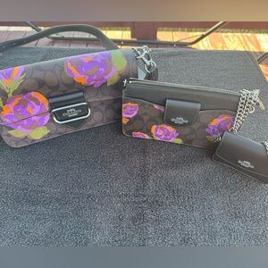 Coach Brown Signature Canvas Shoulder Bag with Purple and Orange Floral Print